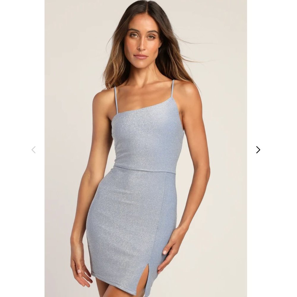 Lulu’s Take Me Anywhere Blue Sparkly Asymmetrical Bodycon Mini Dress Size M